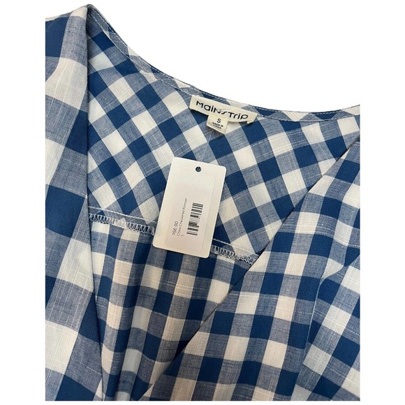 New Mainstrip Gingham V Neck Tie Wrap Front Romper Plaid Blue S - Picture 12 of 15